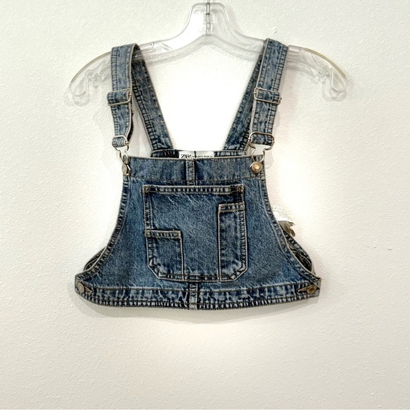 Zara Denim Bib Crop Top Utility Chore Summer Pocket Crop Overalls Top - Picture 1 of 7